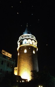 Galata tower by night.  Swarming birds dubiously identified by B as "night hawks"
