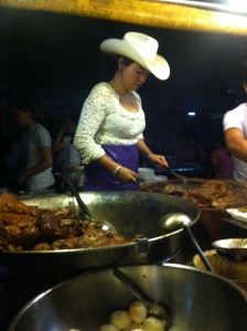 Very popular pork knuckle stall, staffed by a cowgirl in stilettos